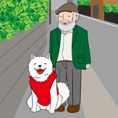 赤い服を着た大きな犬を連れた、おじいさん